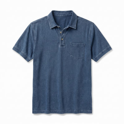 Men's Denim Polo Shirt - Dark Blue - flat lay