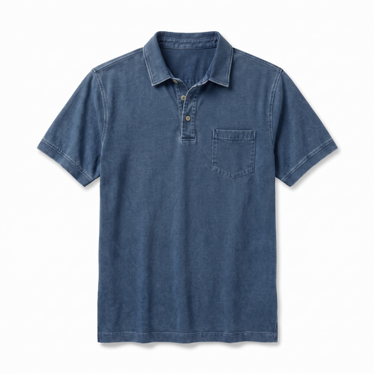 Men's Denim Polo Shirt - Dark Blue - flat lay