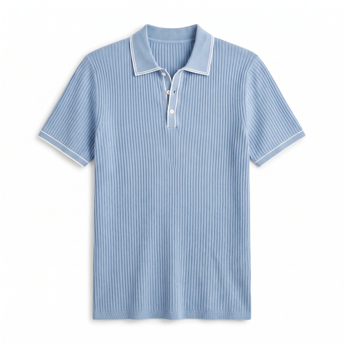 Men's Ribbed Short-Sleeve Polo Shirt - Slim Fit Rib-Knit Polo with Vertical Ribbed Texture