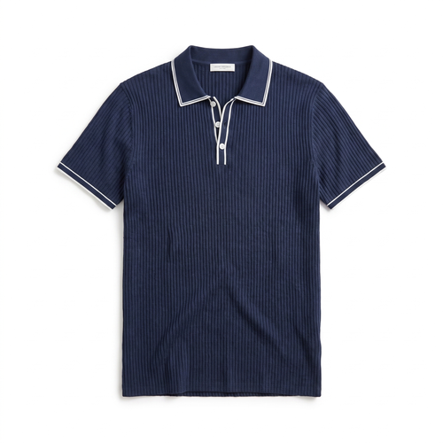 Men's Ribbed Short-Sleeve Polo Shirt - Slim Fit Rib-Knit Polo with Vertical Ribbed Texture