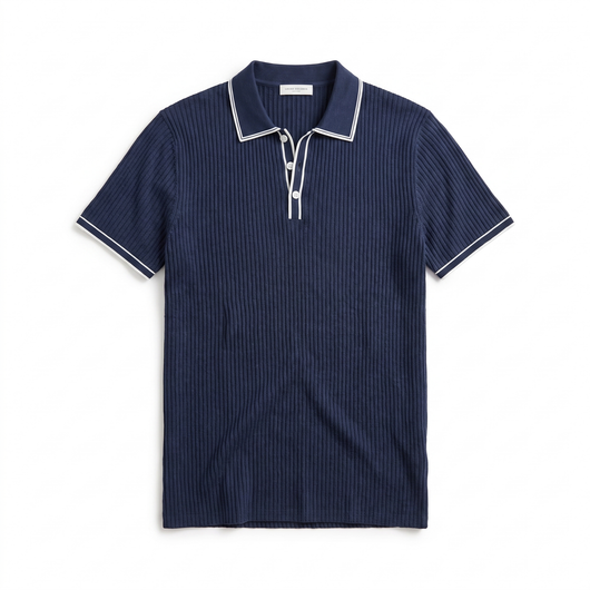 Men's Ribbed Polo Shirt - Navy Blue - flat lay