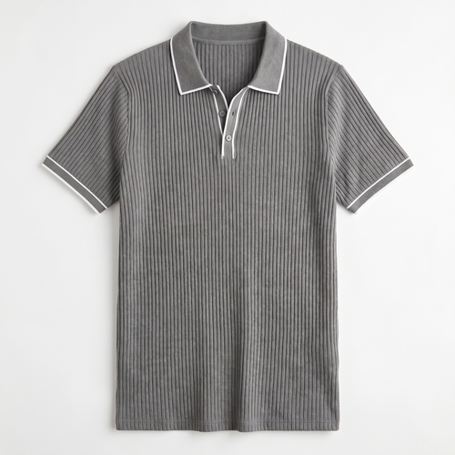Men's Ribbed Short-Sleeve Polo Shirt - Slim Fit Rib-Knit Polo with Vertical Ribbed Texture