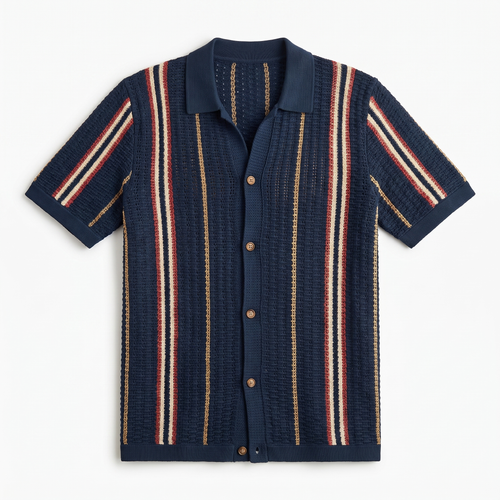 Men's Polo Shirt with Button-Front Placket - Slim Fit Polo with Contrast Panels and Ribbed Center