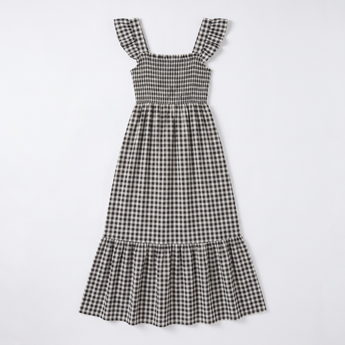 Women's Gingham Flounce Dress with Elastic Waist - Smocked Fit Gingham Check Dress