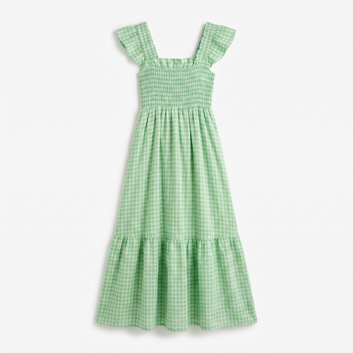 Women's Gingham Flounce Dress with Elastic Waist - Smocked Fit Gingham Check Dress