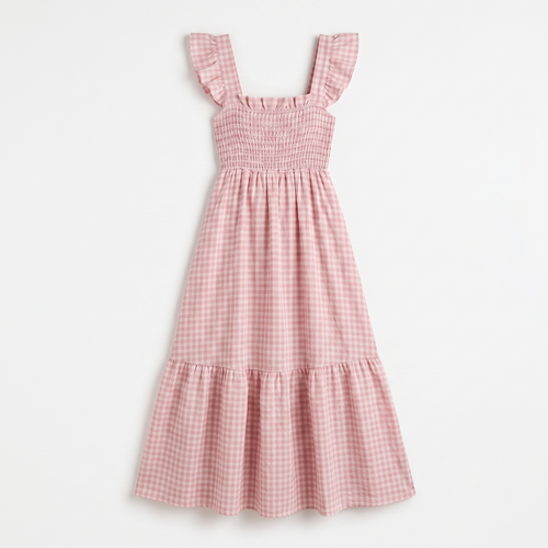 Women's Gingham Flounce Dress with Elastic Waist - Smocked Fit Gingham Check Dress