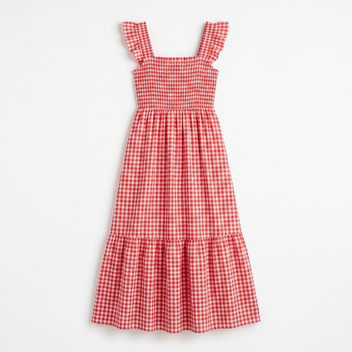 Women's Gingham Flounce Dress with Elastic Waist - Smocked Fit Gingham Check Dress