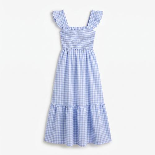Women's Gingham Flounce Dress with Elastic Waist - Smocked Fit Gingham Check Dress