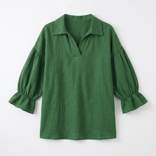 Women's V-Neck Blouse with Puff Sleeves - Relaxed Silhouette Airy Blouse with Soft Puff Sleeves
