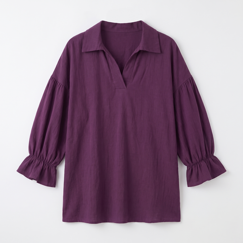 Women's V-Neck Blouse with Puff Sleeves - Relaxed Silhouette Airy Blouse with Soft Puff Sleeves