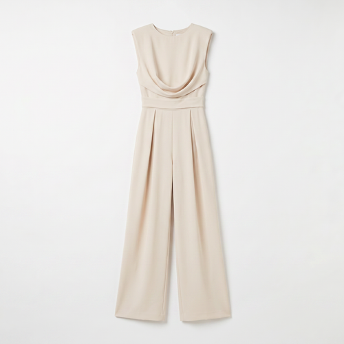 Women's Sleeveless Jumpsuit with Wide-Leg Silhouette - Draped Neckline Jumpsuit with Pleated Waist