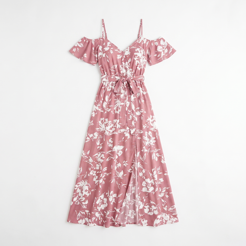 Women's Floral Cold-Shoulder Maxi Dress - Flowing Silhouette Dress with Adjustable Straps