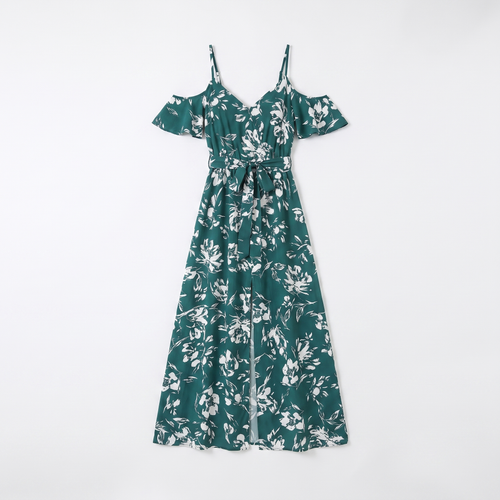 Women's Floral Cold-Shoulder Maxi Dress - Flowing Silhouette Dress with Adjustable Straps