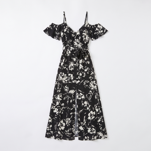 Women's Floral Cold-Shoulder Maxi Dress - Flowing Silhouette Dress with Adjustable Straps