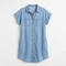 Women's Denim Dress with Short Sleeves and Button-Front - Straight Silhouette Knee-Length Dress