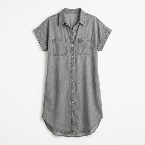 Women's Denim Dress with Short Sleeves and Button-Front - Straight Silhouette Knee-Length Dress