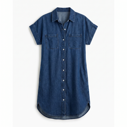 Women's Denim Dress with Short Sleeves and Button-Front - Straight Silhouette Knee-Length Dress