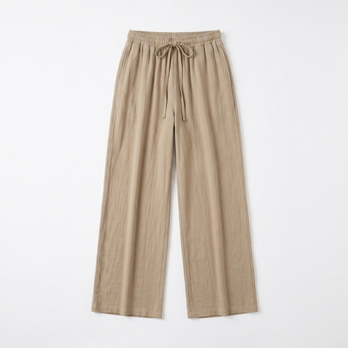 Women's Flowy Wide-Leg Pants with Elastic Drawstring Waist - Roomy Full-Length Pants