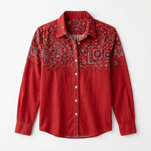 Red patterned long-sleeve button-front shirt flat lay
