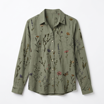 Green patterned long-sleeve button-front shirt flat lay