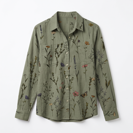 Green patterned long-sleeve button-front shirt flat lay
