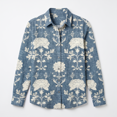 Blue patterned long-sleeve button-front shirt flat lay
