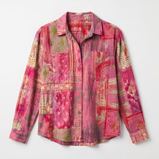 Pink patterned long-sleeve button-front shirt flat lay