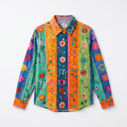 Orange patterned long-sleeve button-front shirt flat lay