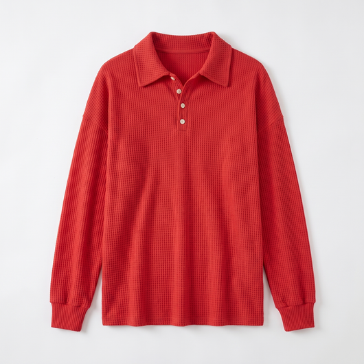 Red waffle-knit sweater flat lay