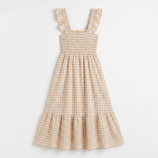Camel gingham check flounce dress flat lay