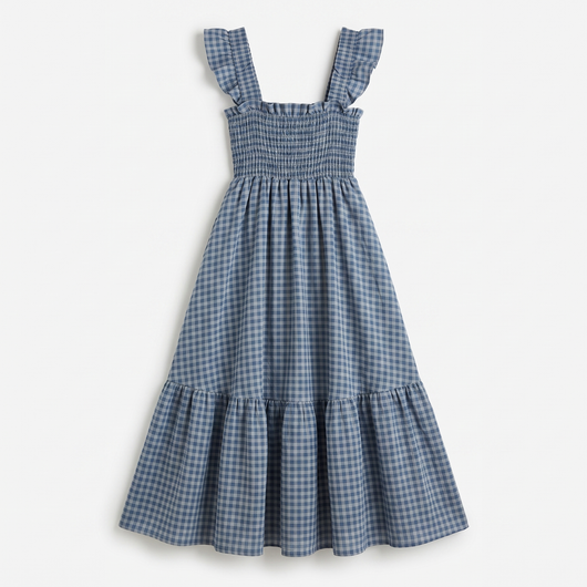 Blue gingham check flounce dress flat lay