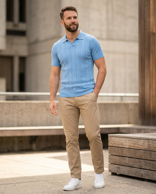 Men's Ribbed Short-Sleeve Polo Shirt - Sky Blue - lifestyle model shot 1