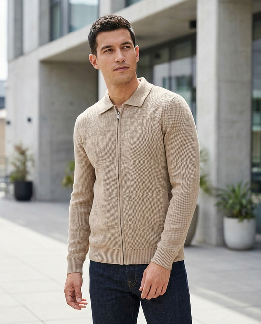 Men's Zip-Front Knit Jacket - Beige - lifestyle model shot 1