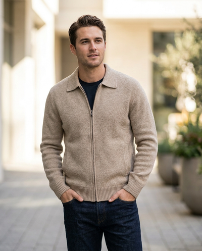 Men's Zip-Front Knit Jacket - Beige - lifestyle model shot 2