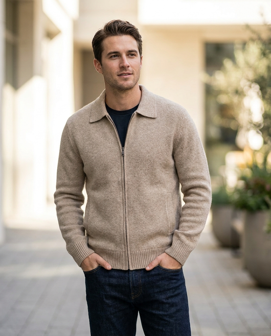 Men's Zip-Front Knit Jacket - Beige - lifestyle model shot 2