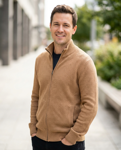 Men's Textured Knit Zip-Front Sweater - Camel - lifestyle model shot 1