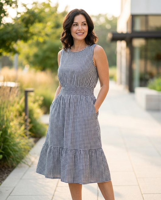 Women's Plaid Flounce Dress - Black - lifestyle model shot 1