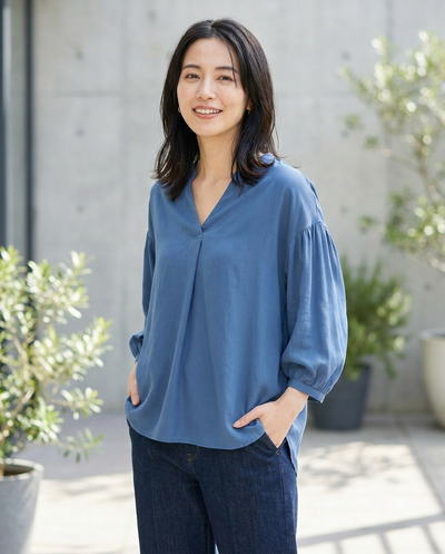 Women's V-Neck Blouse with Puff Sleeves - Blue - lifestyle model shot 2