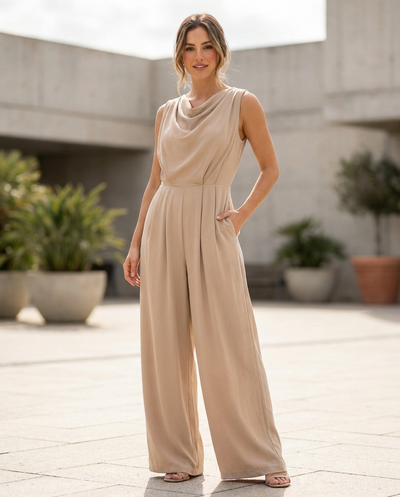 Women's Sleeveless Jumpsuit - Beige - lifestyle model shot 2