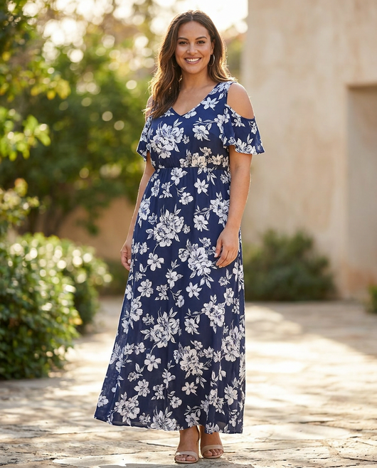 Women's Floral Cold-Shoulder Maxi Dress - Navy Blue - lifestyle model shot 2