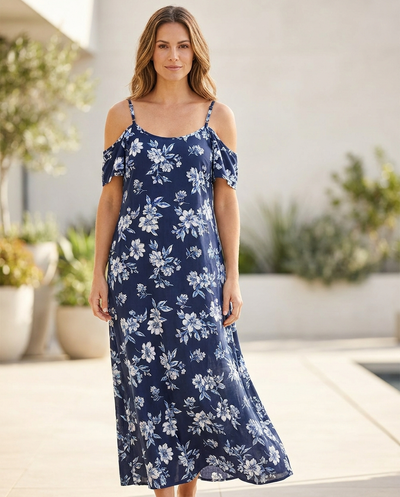 Women's Floral Cold-Shoulder Maxi Dress - Navy Blue - lifestyle model shot 1