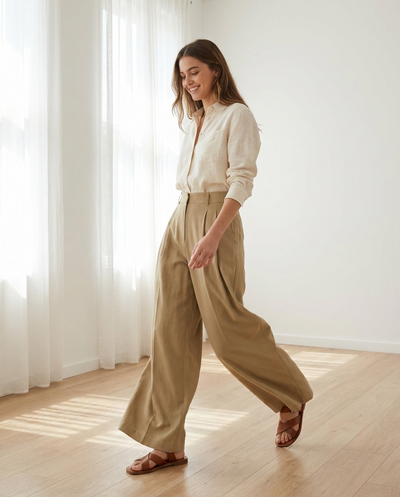 Women's High-Waist Wide-Leg Trousers - Khaki - lifestyle model shot walking