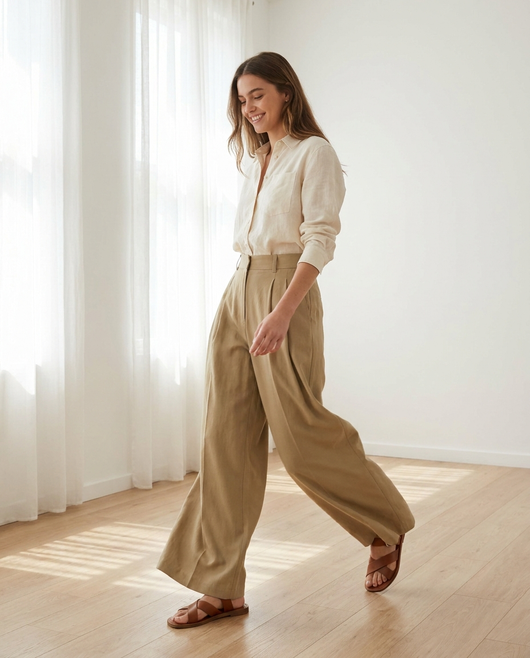 Women's High-Waist Wide-Leg Trousers - Khaki - lifestyle model shot walking