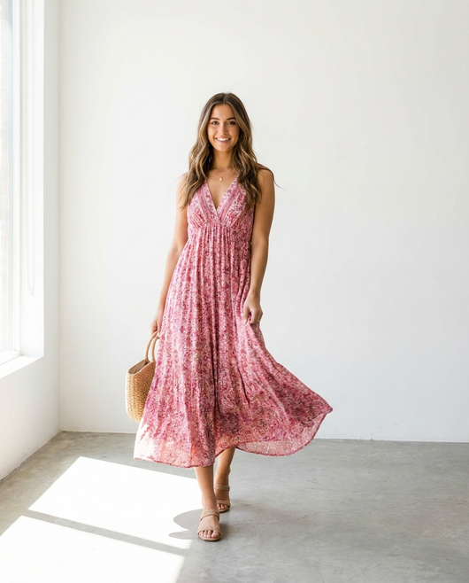 Women's Floral V-Neck Midi Dress - Pink - lifestyle model shot walking