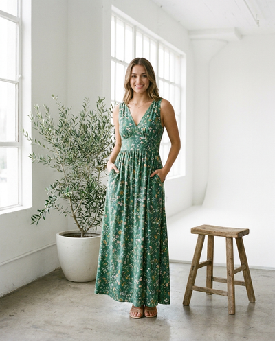 Women's Floral V-Neck Maxi Dress - Green - lifestyle model shot front