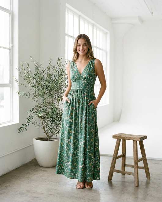Women's Floral V-Neck Maxi Dress - Green - lifestyle model shot front
