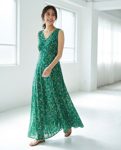 Women's Floral V-Neck Maxi Dress - Green - lifestyle model shot walking