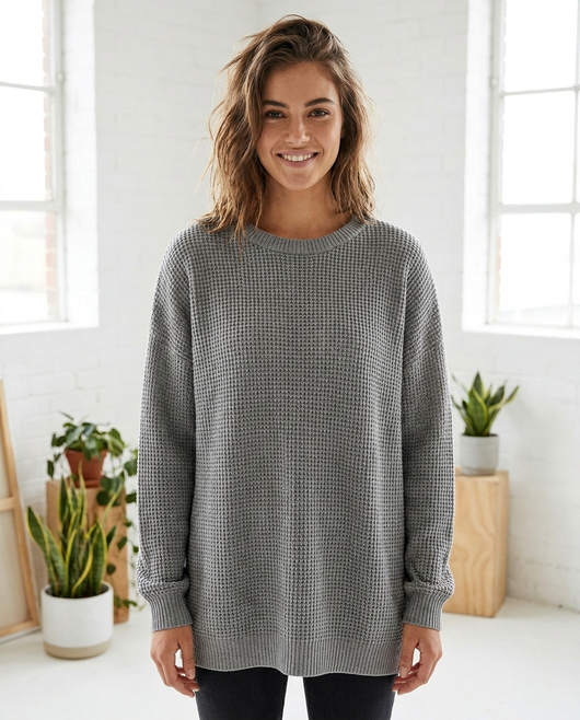 Women's Relaxed-Fit Waffle-Knit Sweater - Grey - lifestyle model shot front